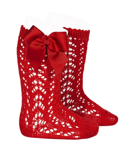 Kniestrümpfe in Rot mit Lochmuster und Satinschleife