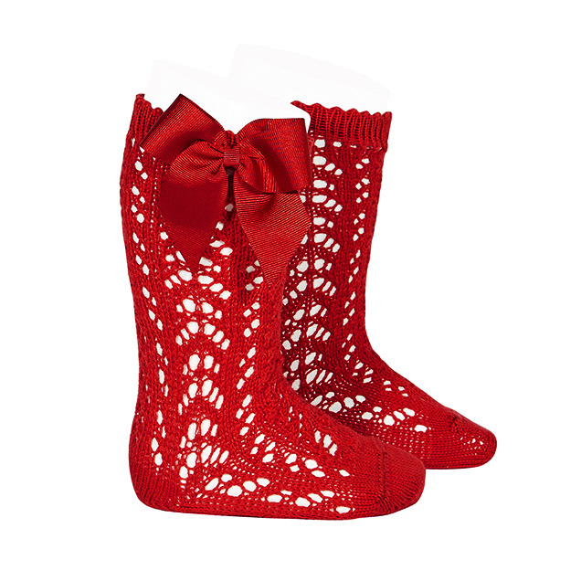 Kniestrümpfe in Rot mit Lochmuster und Satinschleife